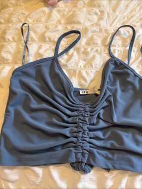 ZARA Slate Blue Ruched Spaghetti Strap Crop Top